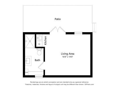 Floor plan for studio, 1 bath, 300 sqft